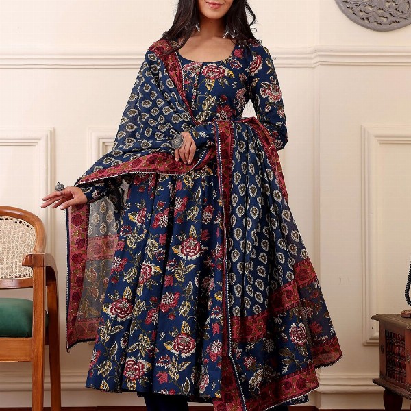 KALINI Floral Printed Anarkali Kurta With Trousers And Dupatta