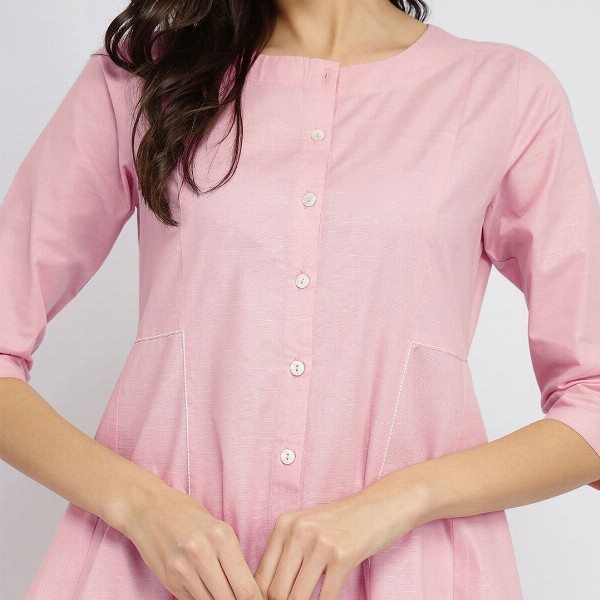 Pink Fort Luxe-Textured Cotton Solid Kurta Set - Pink