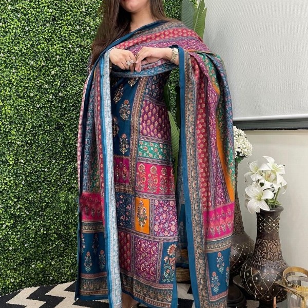 KALINI Women Multi Rayon Blend Printed Straight Kurta Set With Dupatta