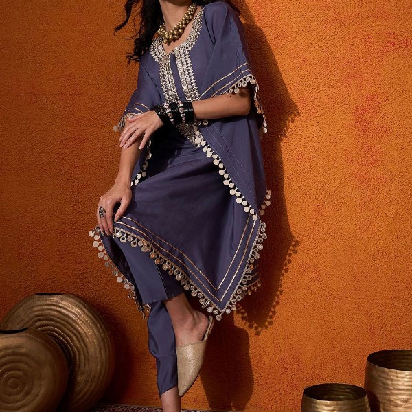 Sangria Blue Geometric Embroidered Round Neck Mirror Work Kaftan With Trousers