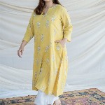 THE INDIAN ETHNIC CO Yellow Kali Dabu Slub Cotton Kurta