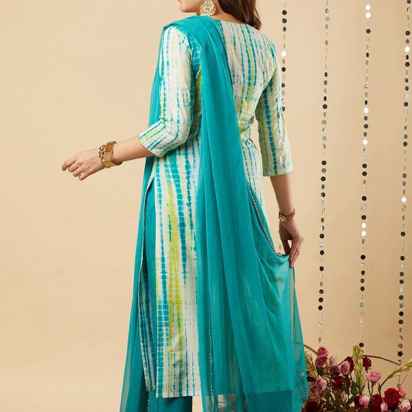 GoSriKi Shibori Dyed Regular Kurta with Trousers & Dupatta