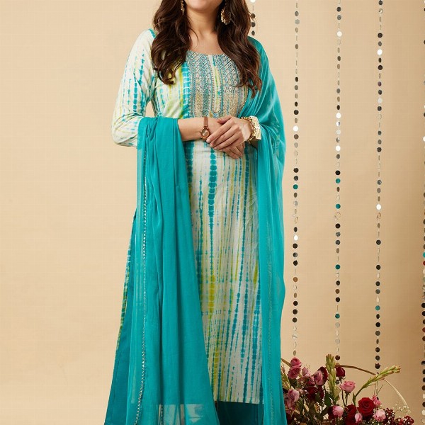 GoSriKi Shibori Dyed Regular Kurta with Trousers & Dupatta