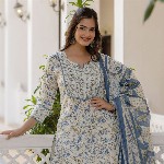 Anouk Women Floral Printed Regular Aari Work Pure Cotton Kurta with Trousers & With Dupatta