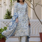Anouk Women Floral Printed Regular Aari Work Pure Cotton Kurta with Trousers & With Dupatta