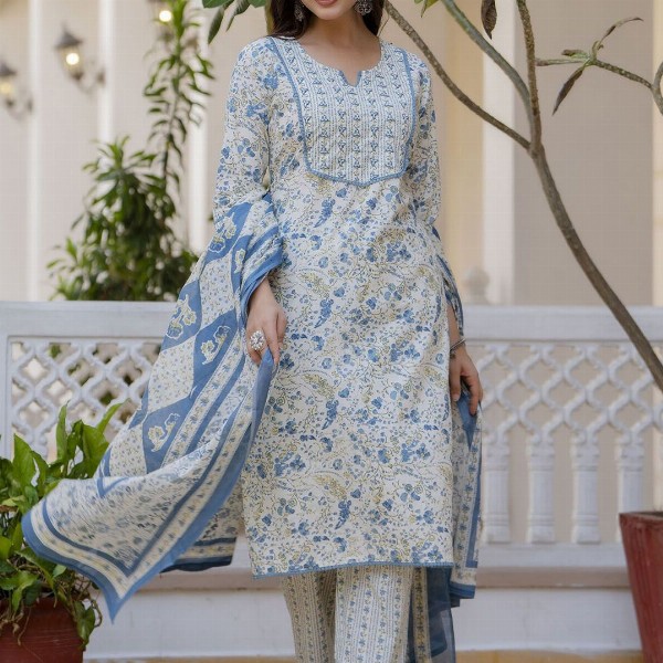 Anouk Women Floral Printed Regular Aari Work Pure Cotton Kurta with Trousers & With Dupatta