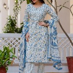 Anouk Women Floral Printed Regular Aari Work Pure Cotton Kurta with Trousers & With Dupatta