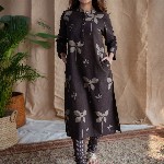 THE INDIAN ETHNIC CO Dark Brown Dabu Slub Cotton Kurta