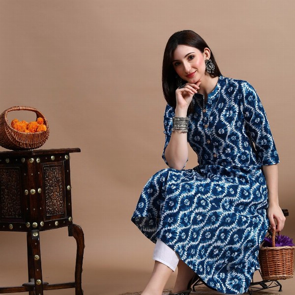 GLOWWORLD Tie & Dye Band Collar Straight Kurta