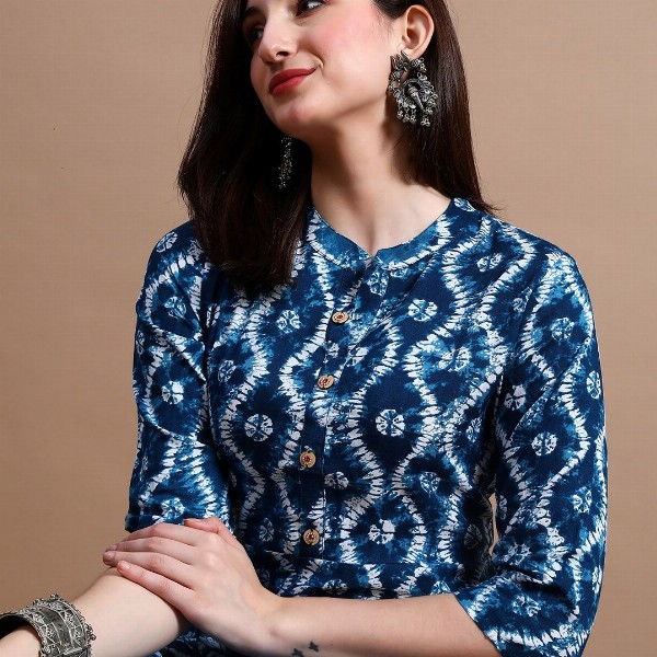 GLOWWORLD Tie & Dye Band Collar Straight Kurta