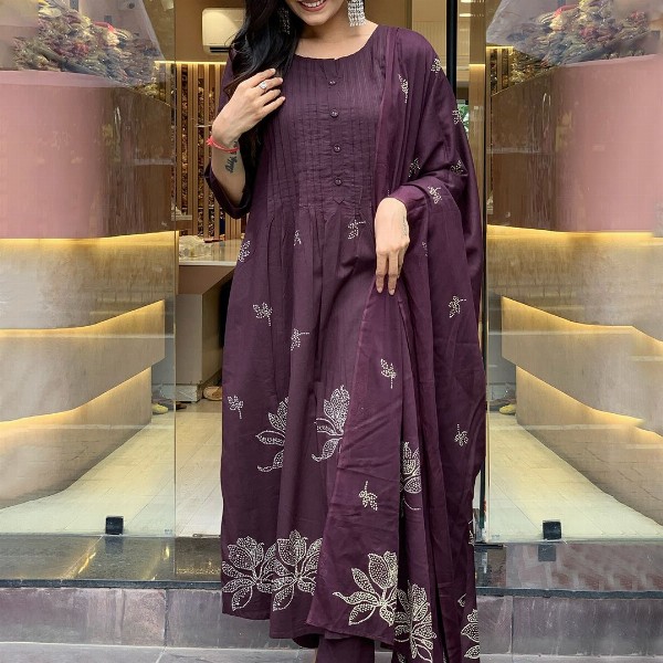 GoSriKi Floral Printed Round Neck Anarkali Kurta With Trousers & Dupatta