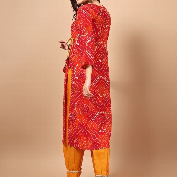 Sangria Red Bandhani Printed Angrakha Sequined Straight Kurta