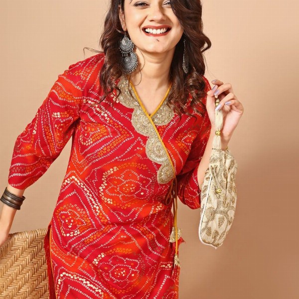 Sangria Red Bandhani Printed Angrakha Sequined Straight Kurta