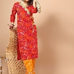Sangria Red Bandhani Printed Angrakha Sequined Straight Kurta