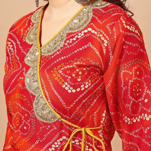 Sangria Red Bandhani Printed Angrakha Sequined Straight Kurta