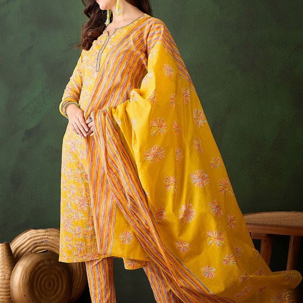 Sangria Floral Printed Sequinned V-Neck Straight Kurta & Trouser With Dupatta