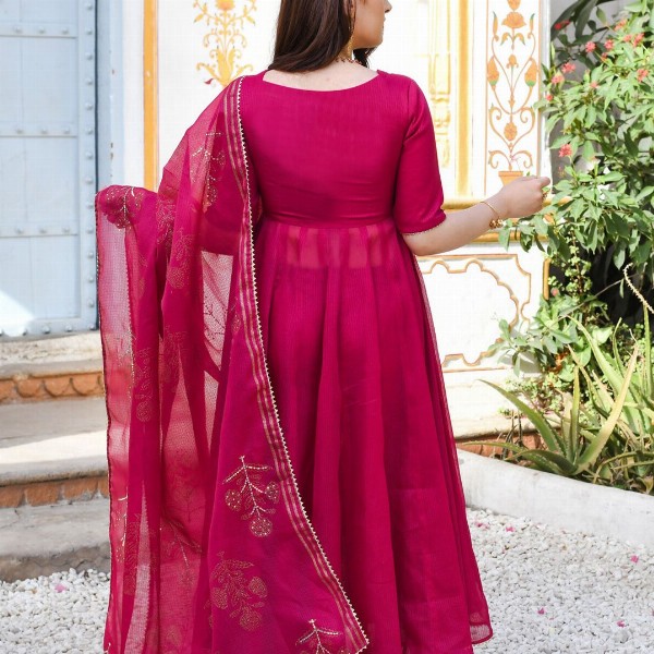 GoSriKi Thread Work Anarkali Kurta With Trouser & Dupatta