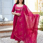 GoSriKi Thread Work Anarkali Kurta With Trouser & Dupatta