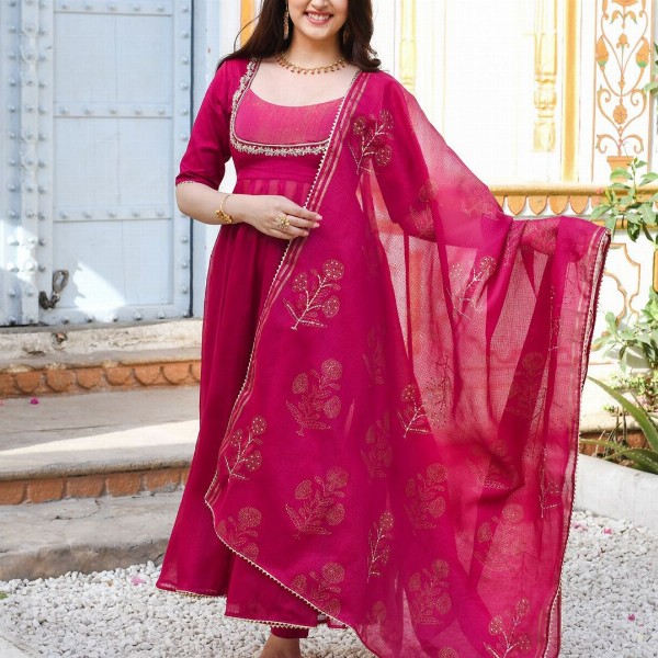 GoSriKi Thread Work Anarkali Kurta With Trouser & Dupatta