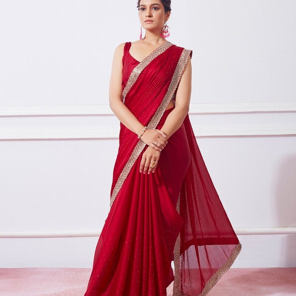 Mitera Red Embellished Beads & Stones Satin Saree
