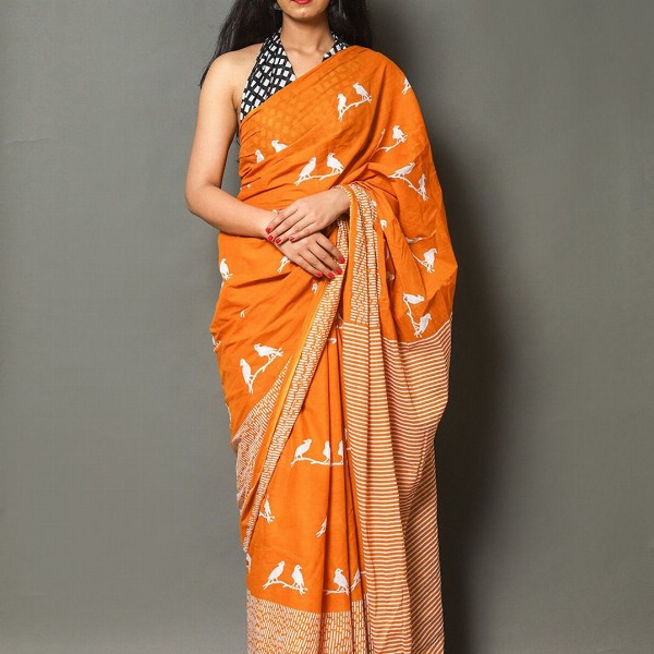 Pinkcity Trade World Geometric Printed Pure Cotton Mulmul Bagru Saree