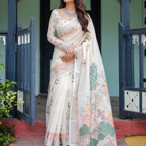 all about you Printed Floral Pure Linen Sarees