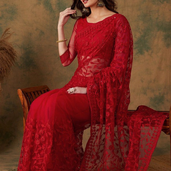 Sangria Embroidered Net Sarees