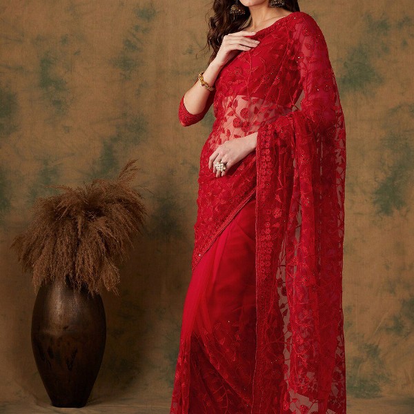 Sangria Embroidered Net Sarees