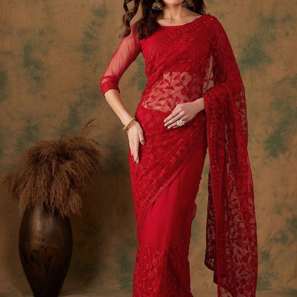 Sangria Embroidered Net Sarees