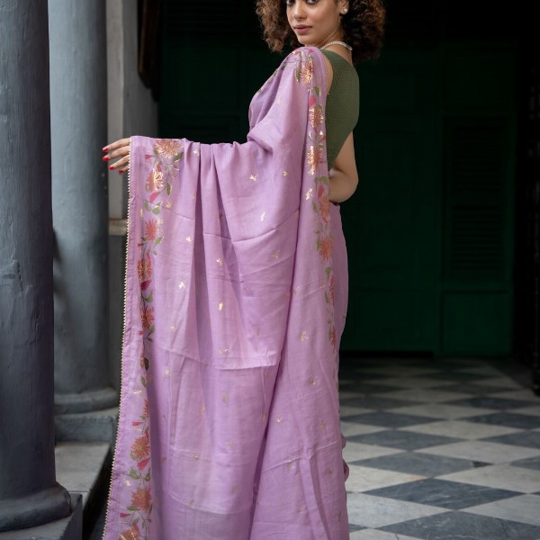 Suta Floral Printed Lavender Color Cotton Blend Saree