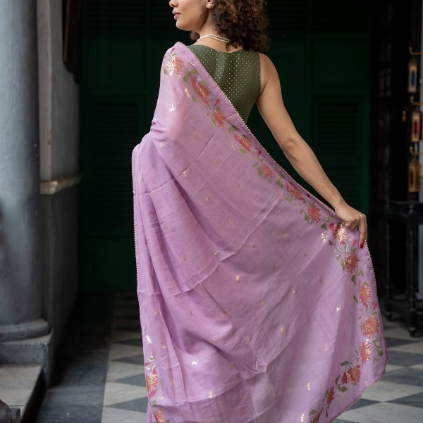 Suta Floral Printed Lavender Color Cotton Blend Saree