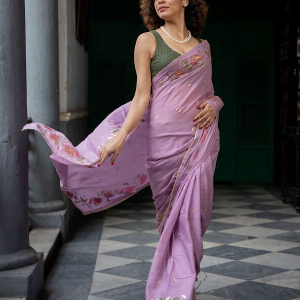 Suta Floral Printed Lavender Color Cotton Blend Saree