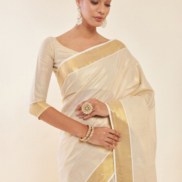 Soch Off White & Gold-Toned Zari Tissue Kasavu Saree