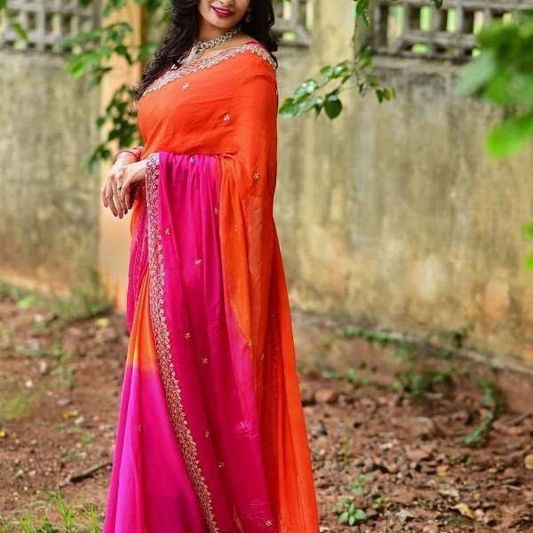 FLOURIOUS Ombre Beads and Stones Pure Chiffon Saree
