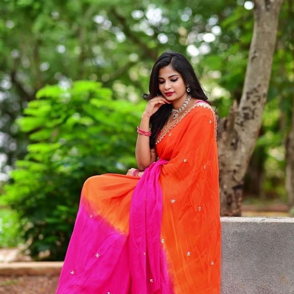 FLOURIOUS Ombre Beads and Stones Pure Chiffon Saree