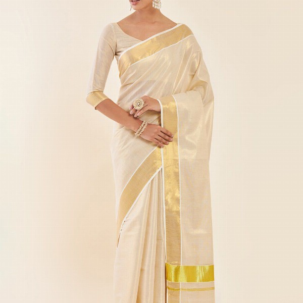 Soch Off White & Gold-Toned Zari Tissue Kasavu Saree