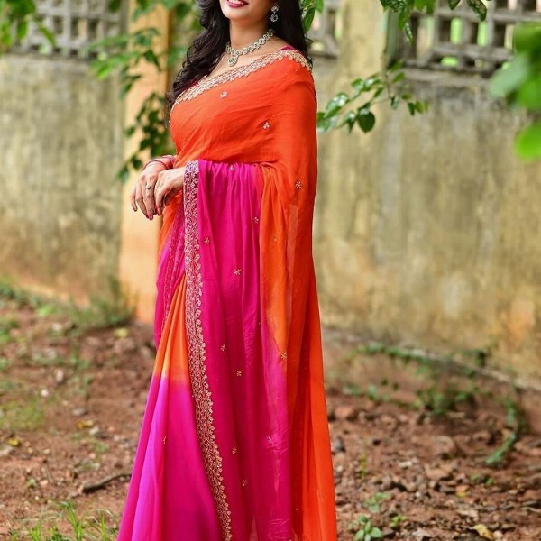 FLOURIOUS Ombre Beads and Stones Pure Chiffon Saree