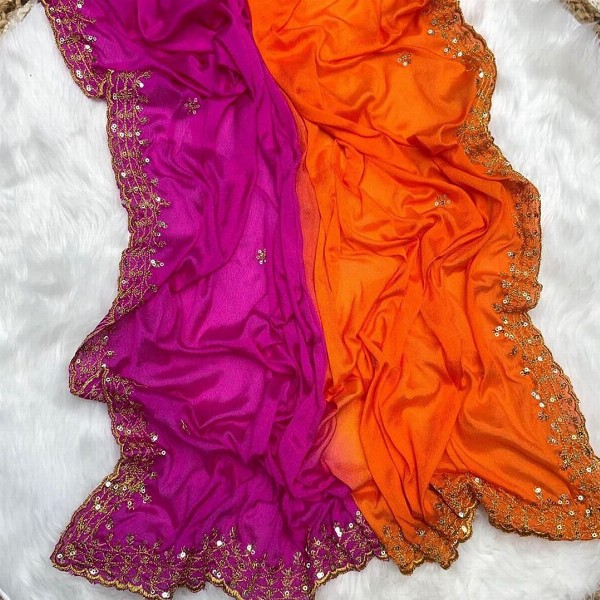 FLOURIOUS Ombre Beads and Stones Pure Chiffon Saree