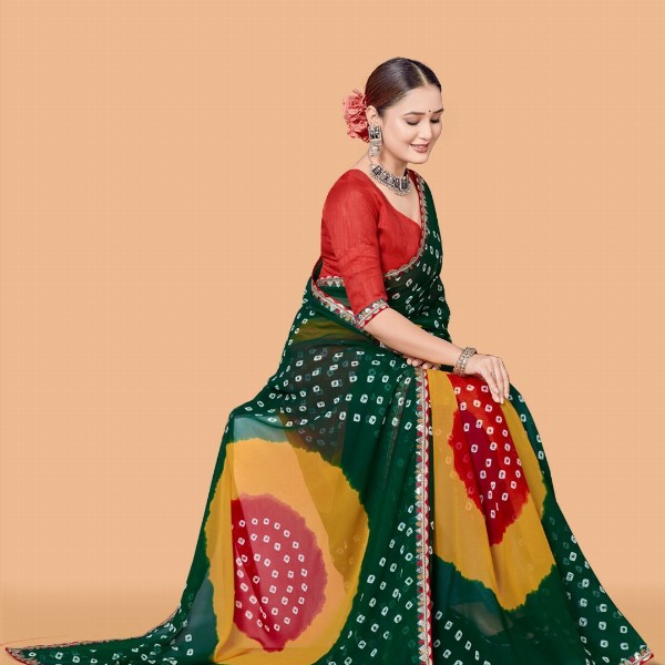 ASTEYAM Bandhani Sequinned Pure Georgette Bandhani Saree