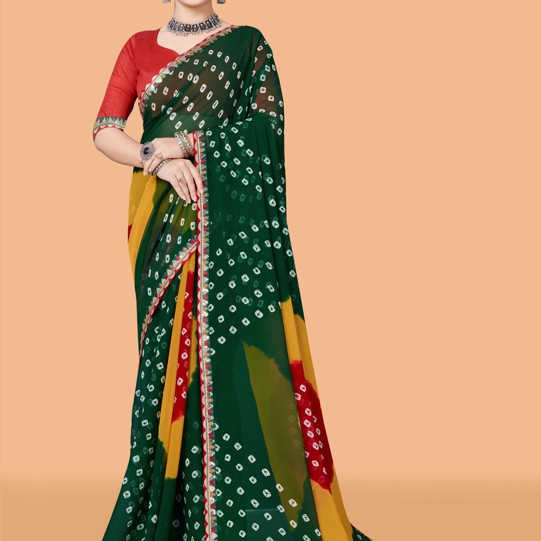 ASTEYAM Bandhani Sequinned Pure Georgette Bandhani Saree