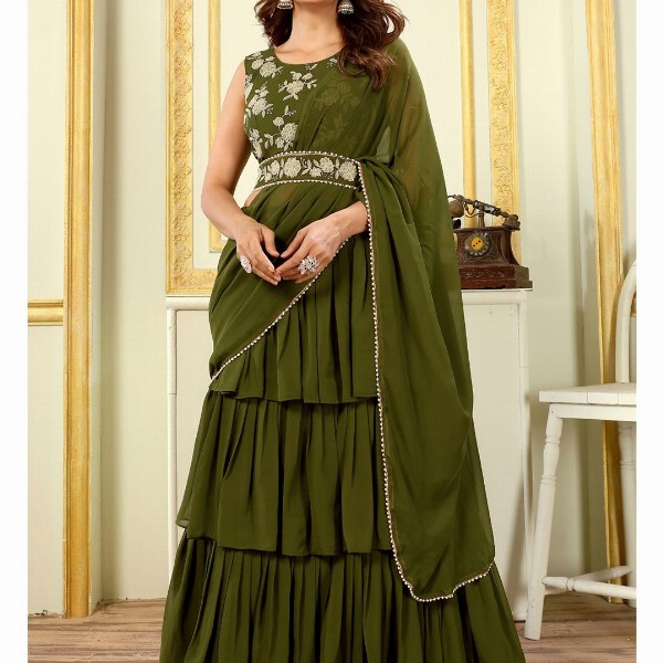 PATLANI STYLE Georgette 3-Layered Embroidered Ready To Wear Saree With Belt
