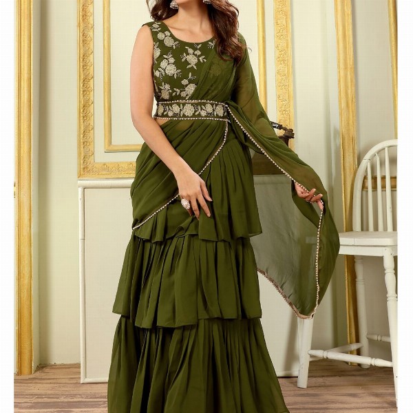 PATLANI STYLE Georgette 3-Layered Embroidered Ready To Wear Saree With Belt