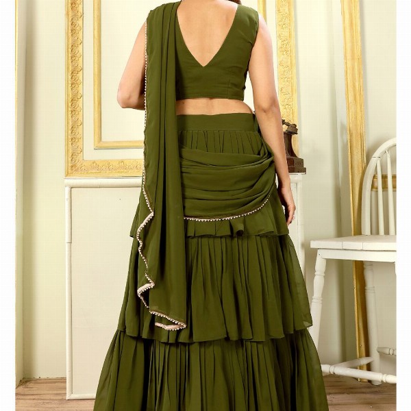 PATLANI STYLE Georgette 3-Layered Embroidered Ready To Wear Saree With Belt