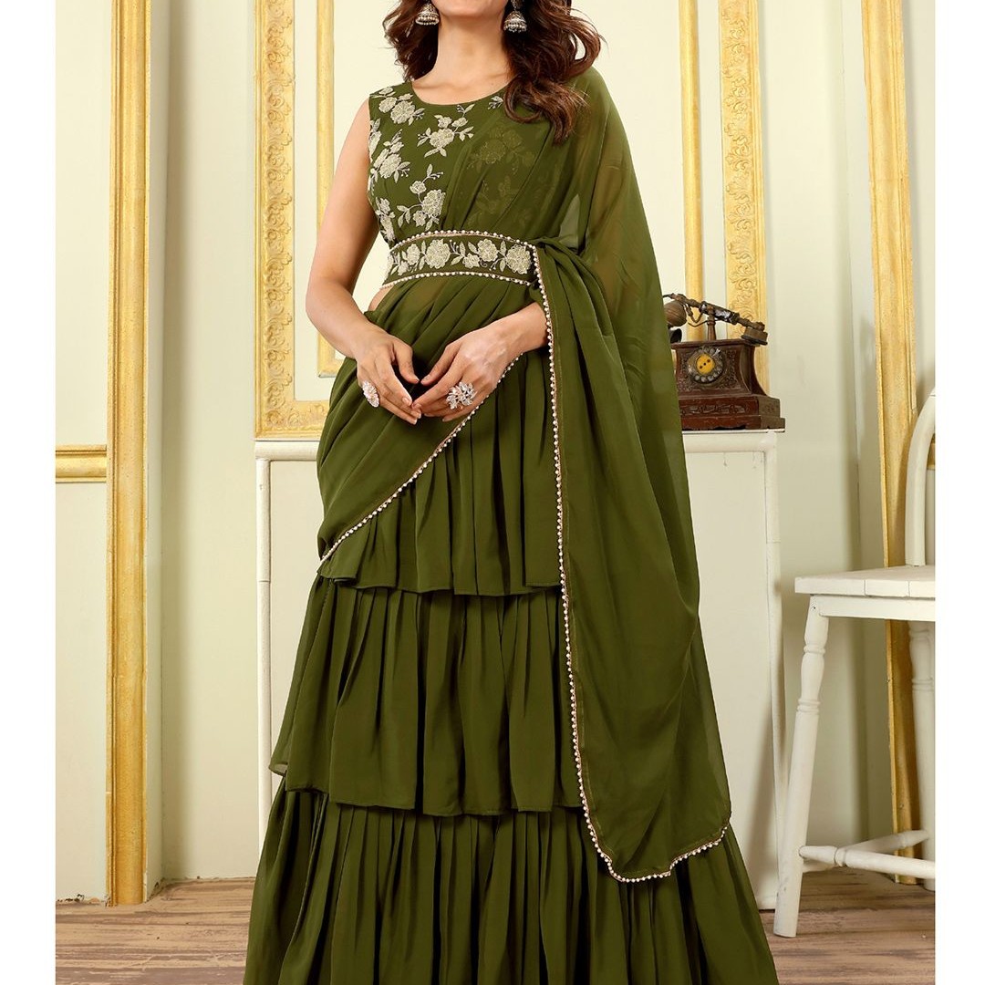 PATLANI STYLE Georgette 3-Layered Embroidered Ready To Wear Saree With Belt
