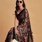 Sangria Charcoal & Pink Floral Printed Satin Saree