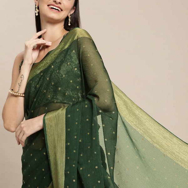 Mitera Green & Gold-Toned Floral Zari Pure Chiffon Saree