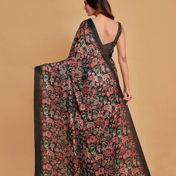 Sangria Charcoal & Pink Floral Printed Satin Saree