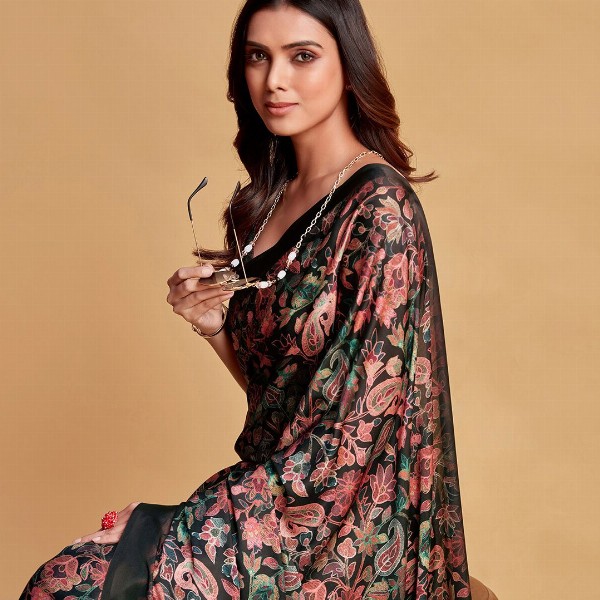 Sangria Charcoal & Pink Floral Printed Satin Saree