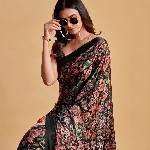 Sangria Charcoal & Pink Floral Printed Satin Saree