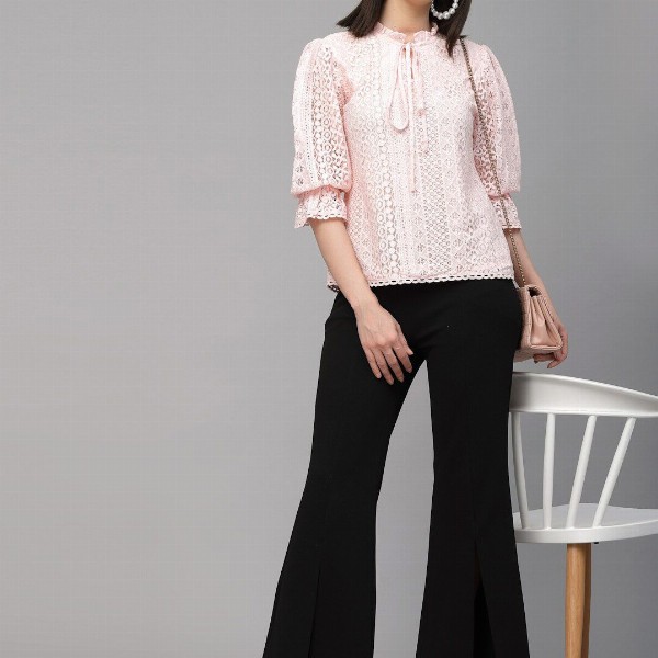 Style Quotient Self Design Tie-Up Neck Puff Sleeve Cotton Top